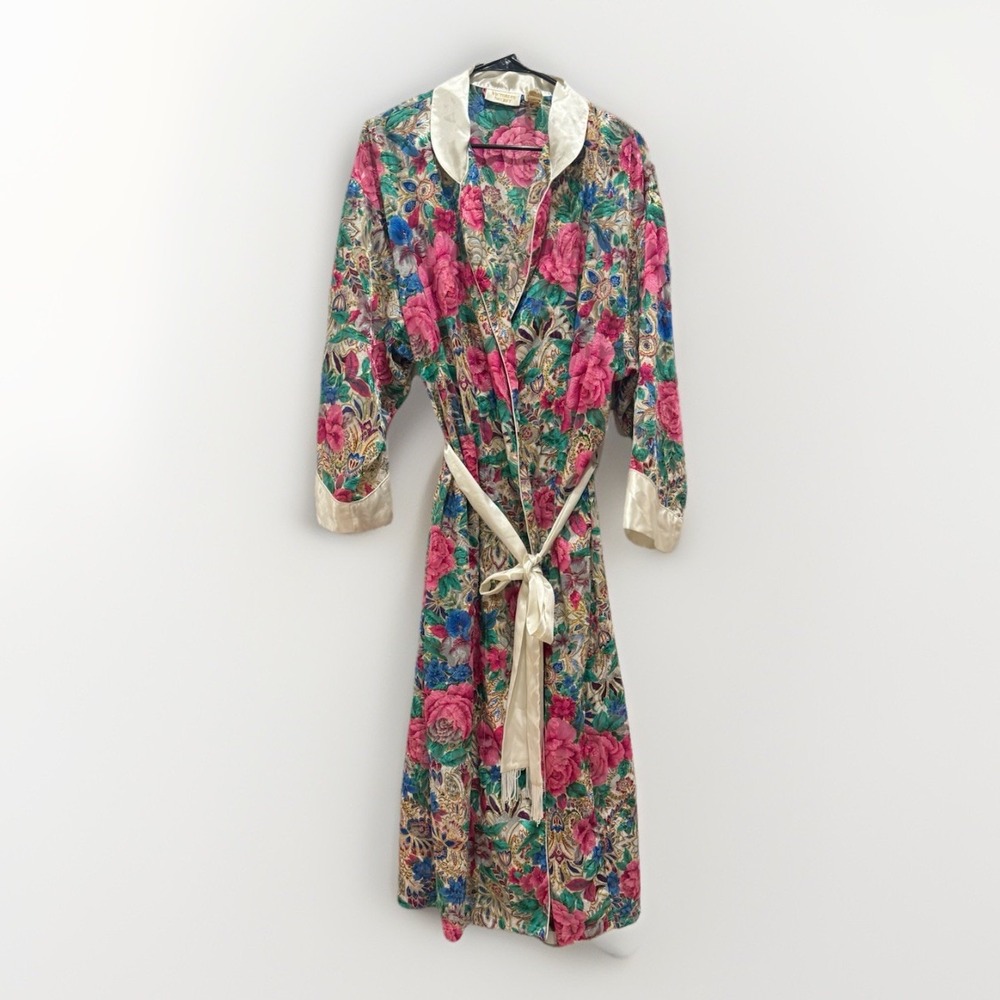 Victoria's Secret Floral Satin Robe in Pink, Green, Blue with Cream Trim